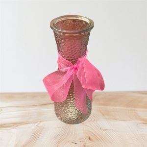 6.5” Cleared Hammered Glass Vase with Pink Ribbon