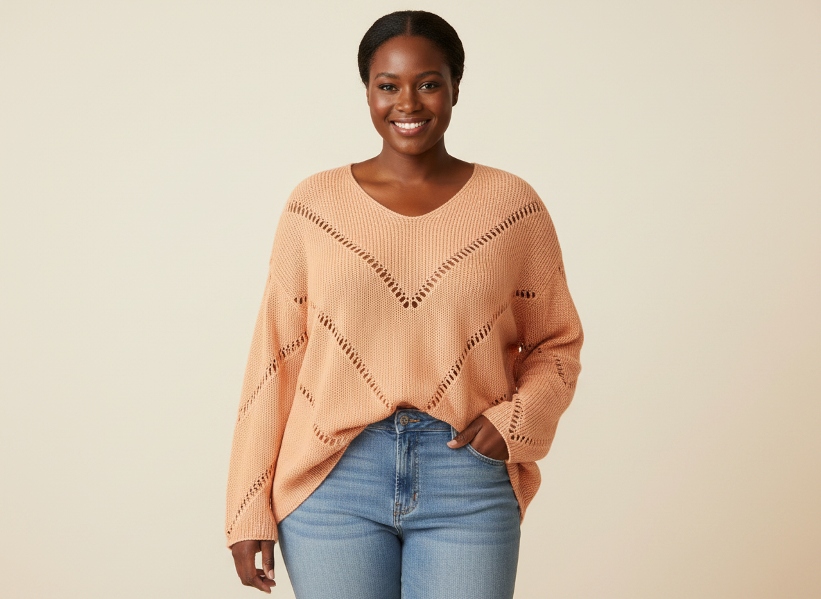The Cozy V-Chevron Knit oversized Sweater Peach (XL) - Image 3