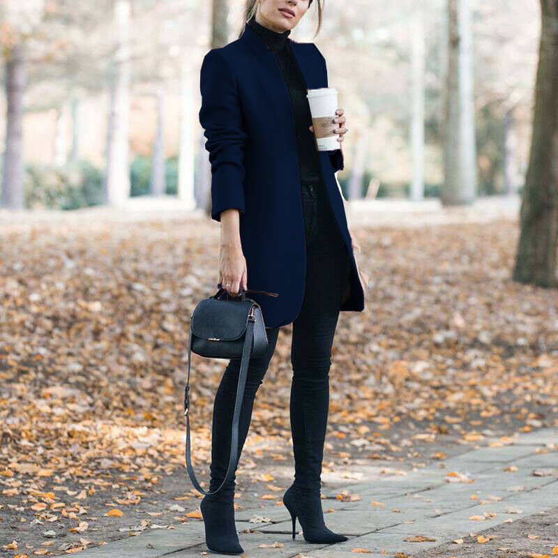 Autumn And Winter New Style European And American Fashion Solid Color Stand-Up Collar Woolen Blazer - Image 3