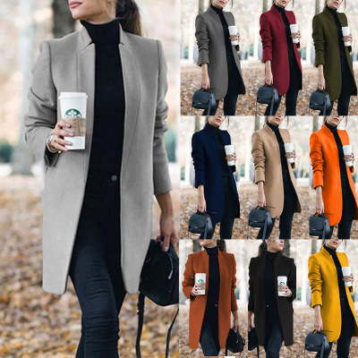 Autumn And Winter New Style European And American Fashion Solid Color Stand-Up Collar Woolen Blazer - Image 6