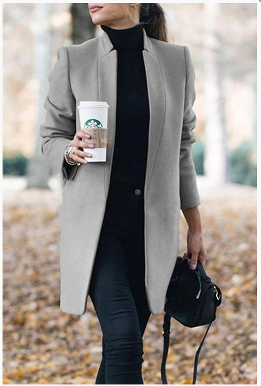 Autumn And Winter New Style European And American Fashion Solid Color Stand-Up Collar Woolen Blazer - Image 8