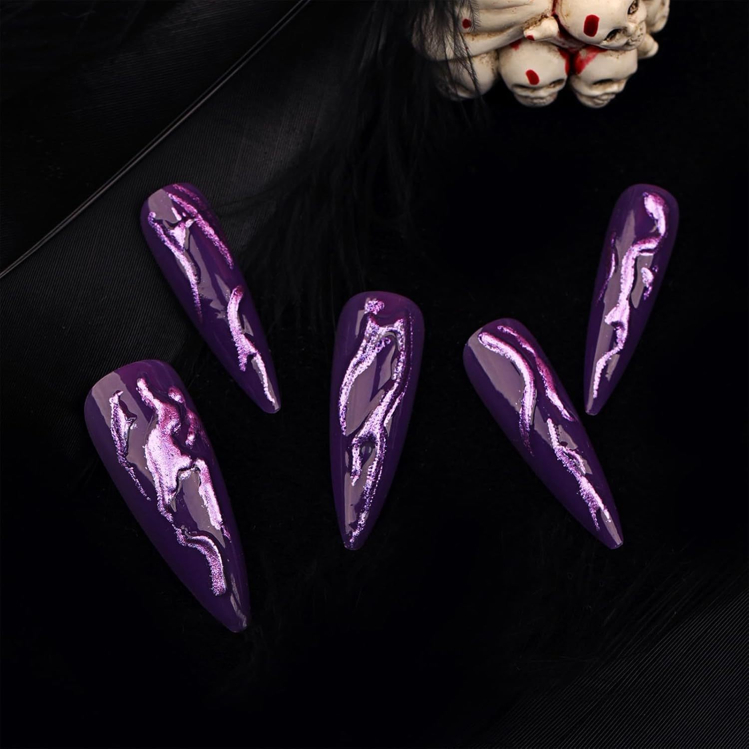 24 PCS Devil's Claws Press On Nails,3D Curve Line Acrylic False Nails, Long Stiletto Glossy Purple Glitter, Gel Glue On Nails Manicure Sparkly Stick Ons - Image 5