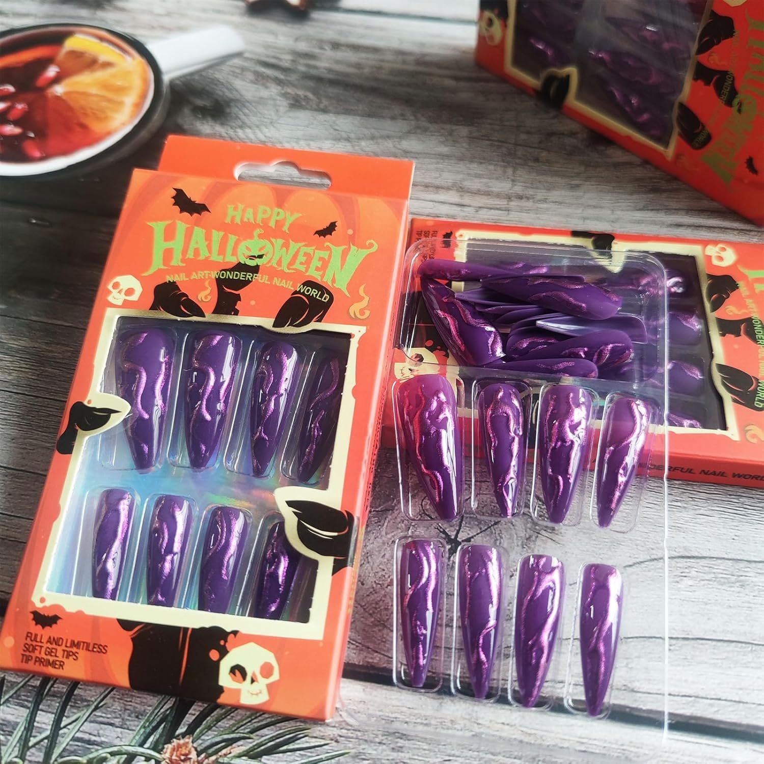 24 PCS Devil's Claws Press On Nails,3D Curve Line Acrylic False Nails, Long Stiletto Glossy Purple Glitter, Gel Glue On Nails Manicure Sparkly Stick Ons - Image 4
