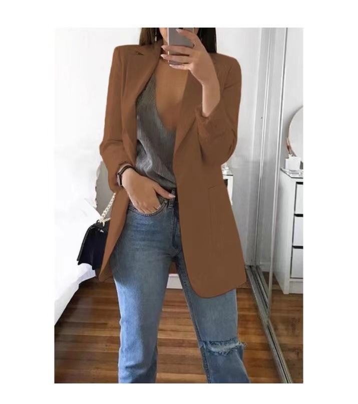 Slim Fit Lapel Blazer Women's Elegant Single Breasted Cardigan Jacket For Office Work - Image 2