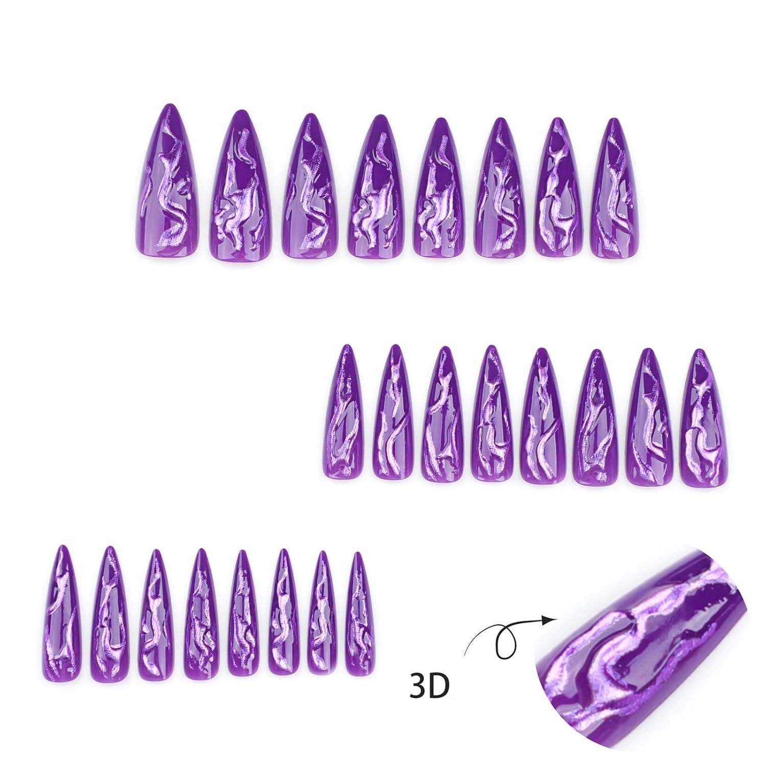 24 PCS Devil's Claws Press On Nails,3D Curve Line Acrylic False Nails, Long Stiletto Glossy Purple Glitter, Gel Glue On Nails Manicure Sparkly Stick Ons - Image 2