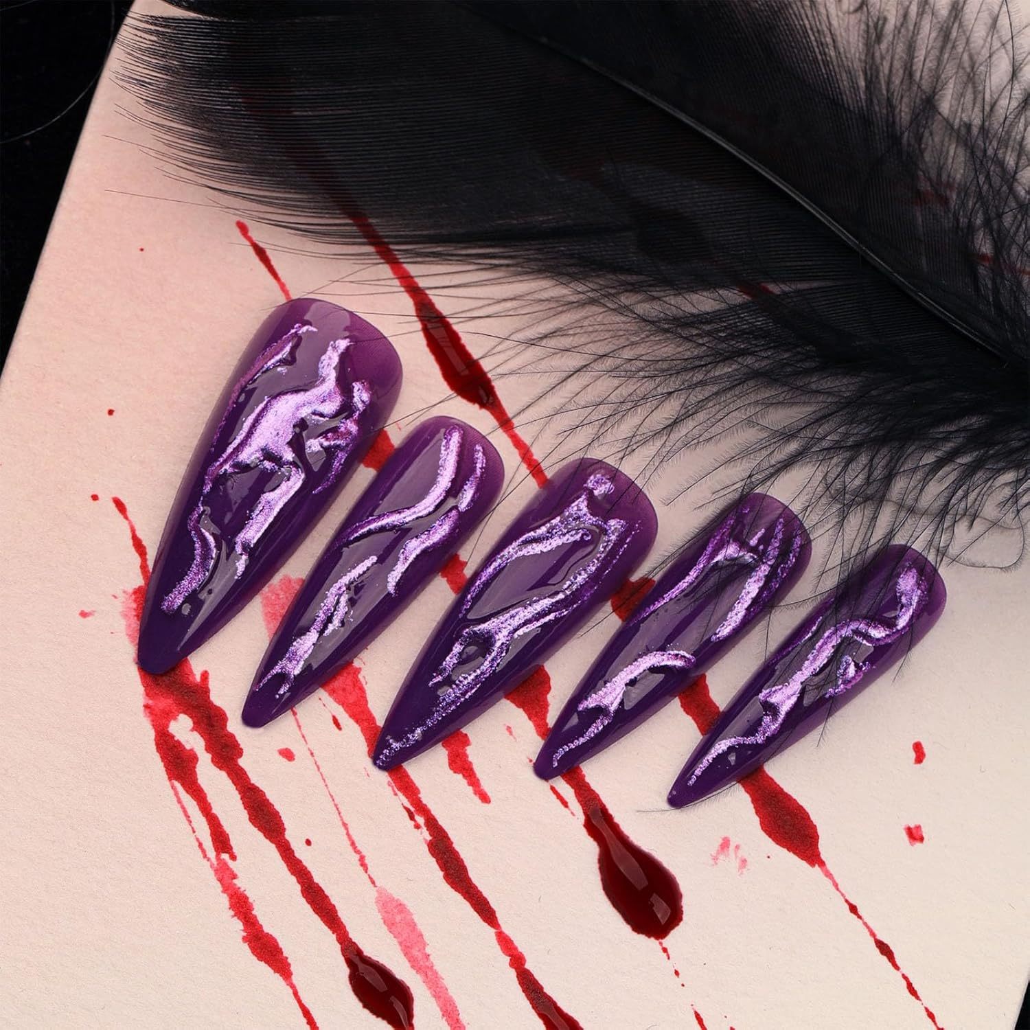 24 PCS Devil's Claws Press On Nails,3D Curve Line Acrylic False Nails, Long Stiletto Glossy Purple Glitter, Gel Glue On Nails Manicure Sparkly Stick Ons - Image 7