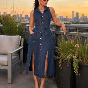 New Women's Retro-Style Washed Blue Collared Sleeveless Single-Breasted Denim Dress With Slits And Pockets, Summer Outfits For Women