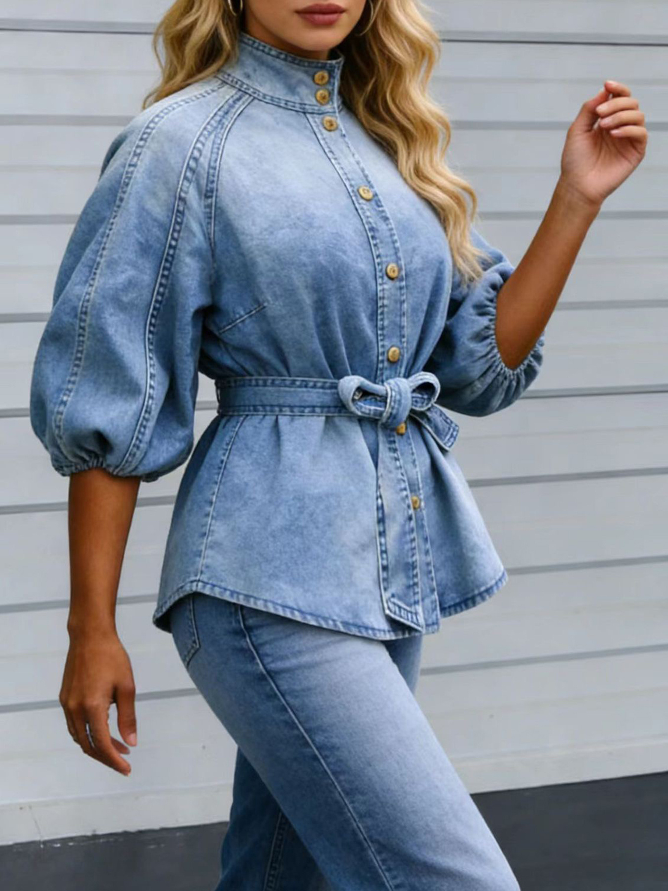 New Women's Retro Washed Lantern Short-sleeved Stand Collar Single-breasted Shirt, Fitted Waist And Belted Denim Top, Suitable For Everyday Wear. - Image 5