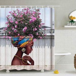 Art Design Graffiti Art Hip Hop African Girl with Black Hair Big Earring with Modern Building Shower Curtain for Bathroom Decor