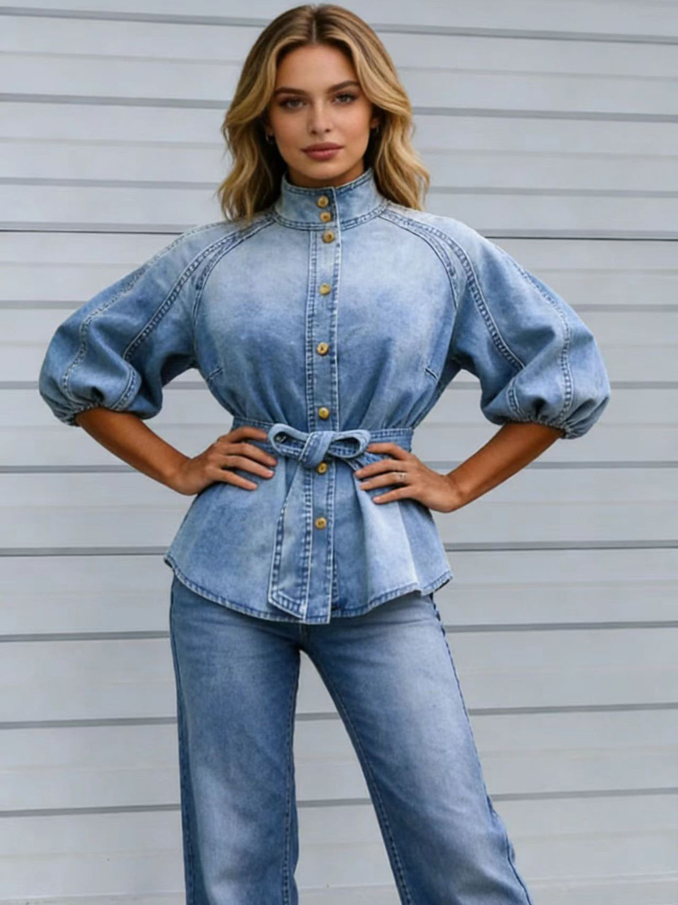New Women's Retro Washed Lantern Short-sleeved Stand Collar Single-breasted Shirt, Fitted Waist And Belted Denim Top, Suitable For Everyday Wear. - Image 4