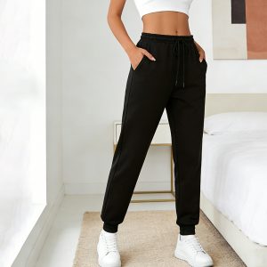 Simple Black Loose, Tight-fitting Jogging Pants With Drawstring Pockets, Comfortable And Loose Daily Sweatpants