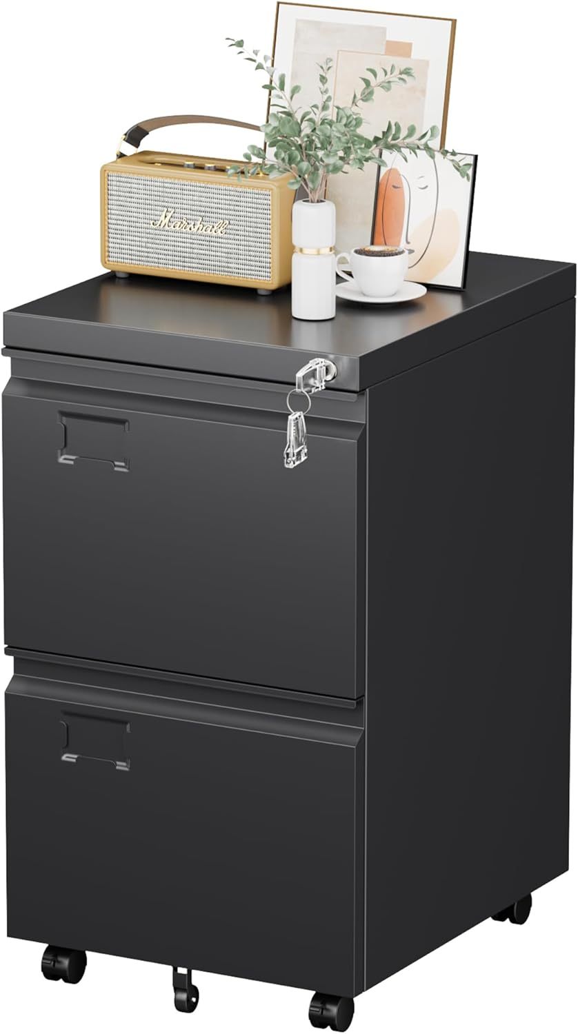 2 Drawer Mobile File Cabinet, Metal Under Desk Cabinet With Lock Name Card Holder For Office Home, Legal Letter Size, Assembly Required - Image 9