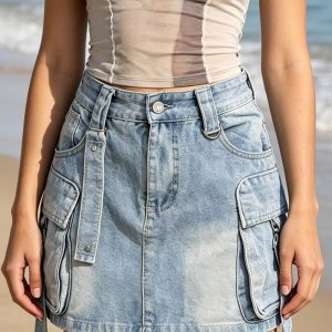 New Women's Summer Sexy Slim-Fit Washed Blue Multi-Pocket Cargo Denim Pencil Skirt, Summer Outfits For Women