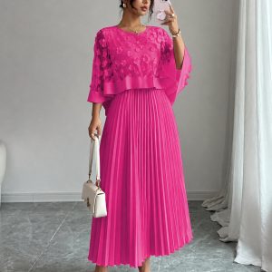 Elegant A-line Pleated Dress With Appliqued Mesh Paneling, Vacation Outfits Women, Summer Outfits For Women