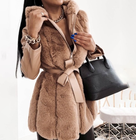 New Style Fur Belt Belt Hooded Zipper Jacket Women's Clothing - Image 6