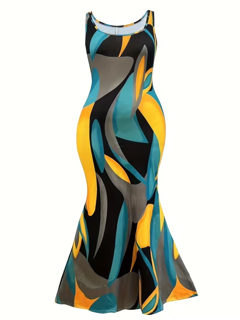 Plus Size Summer Women'S Stylish Color-Blocked Printed Sleeveless Dress With Round Neck And Pockets, Casual Plus-Size Dress For Women - Image 3