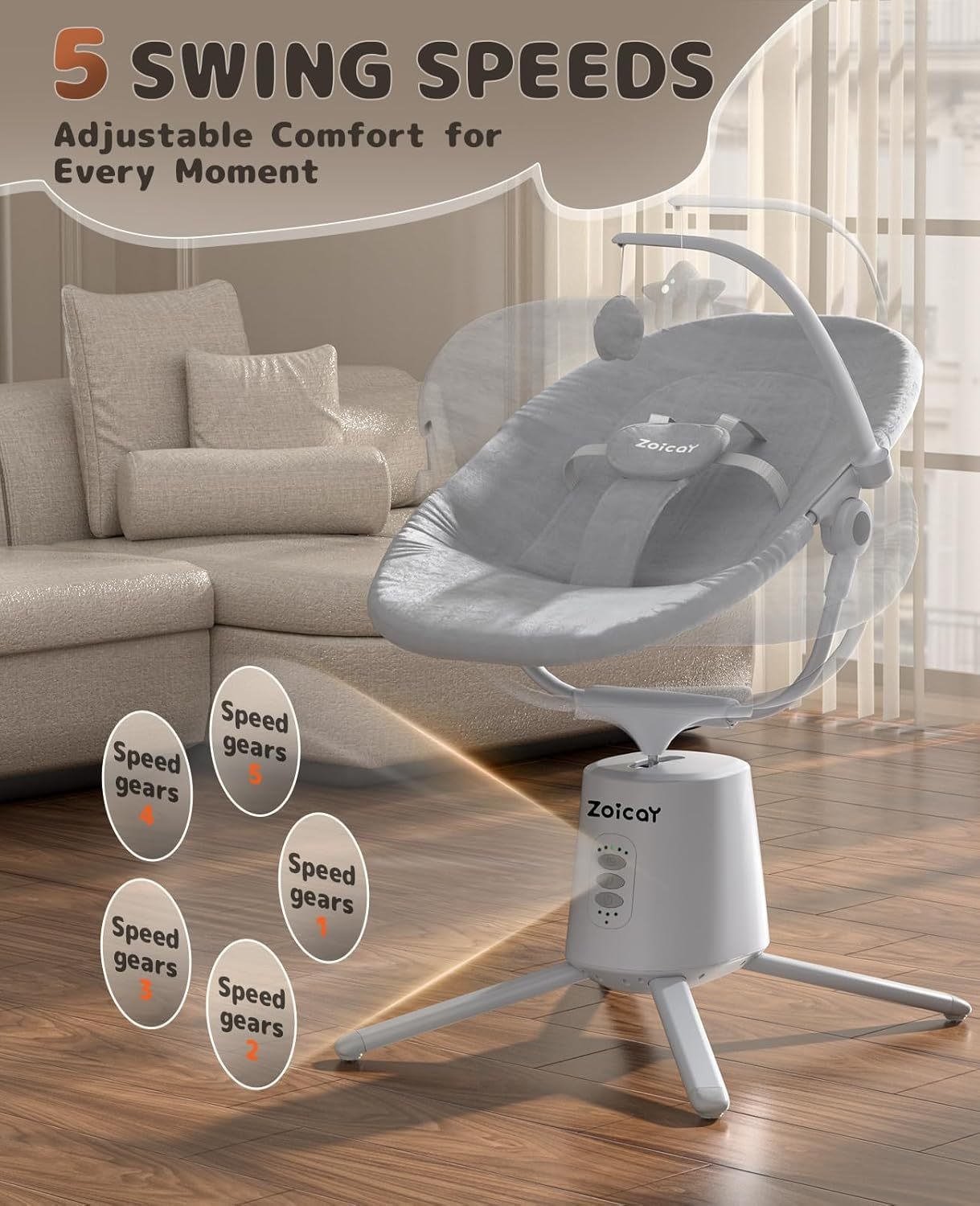 Baby Swing,Baby Swings For Infants With 3 Modes & 5 Speeds BT Enabled App & Remote Control, Electric Swing 6 Melodies And 3 Timer Setting - Image 8