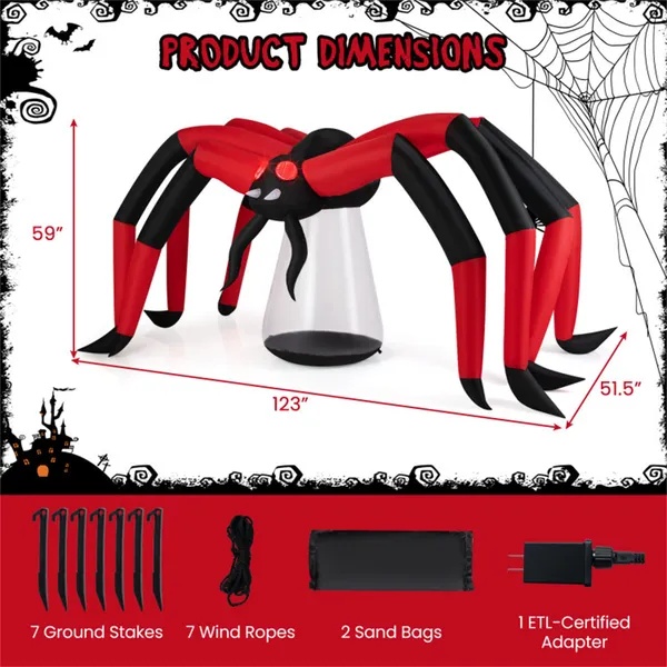 10ft Wide 5ft Tall Giant Halloween Inflatable Spider - LED Head Light + 2 Red Eye Tunnel Lights, Black + Red Color - Image 6