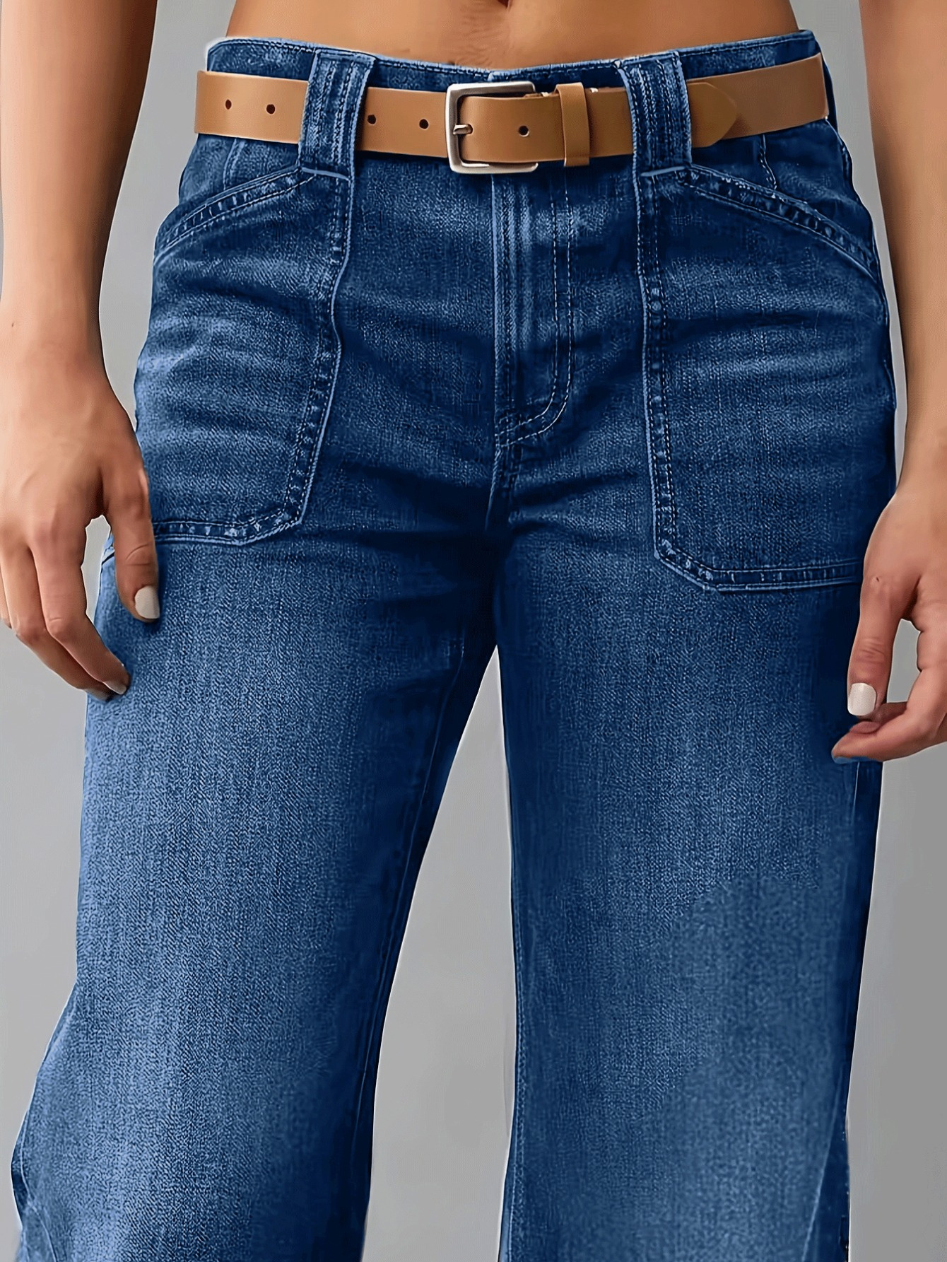 Women High Waist Wide Leg Denim Pants With Big Cargo Patch Pockets Vintage Washed Drape Trousers For Daily Commute Casual Wear - Image 4
