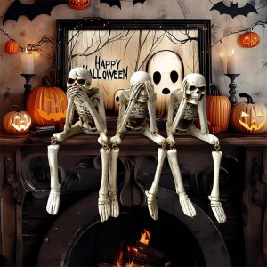 Halloween Skeleton Figurines Set Of 3, Resin See No Evil Hear No Evil Speak No Evil Skeleton Statues, Gothic Shelf Tabletop Mantel Indoor Halloween Decor