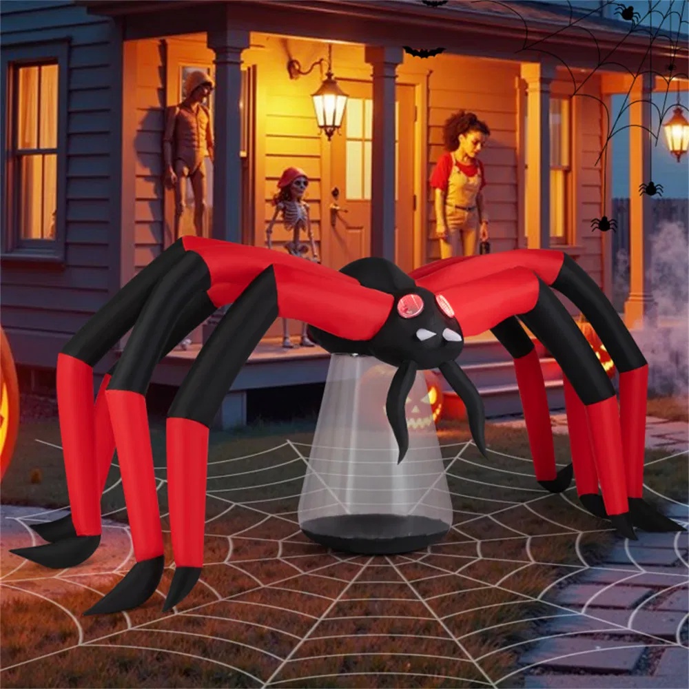 10ft Wide 5ft Tall Giant Halloween Inflatable Spider - LED Head Light + 2 Red Eye Tunnel Lights, Black + Red Color - Image 4