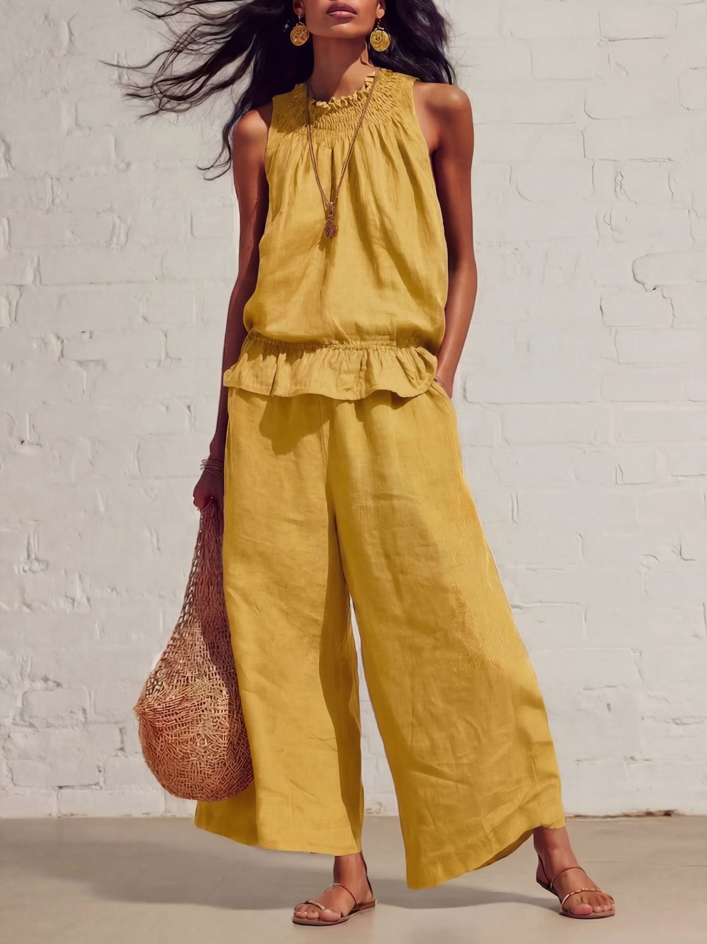 Summer Sleeveless Suit Fashion Ruffled Vest Top And Straight-leg Pants Women's Two-Piece Set - Image 2