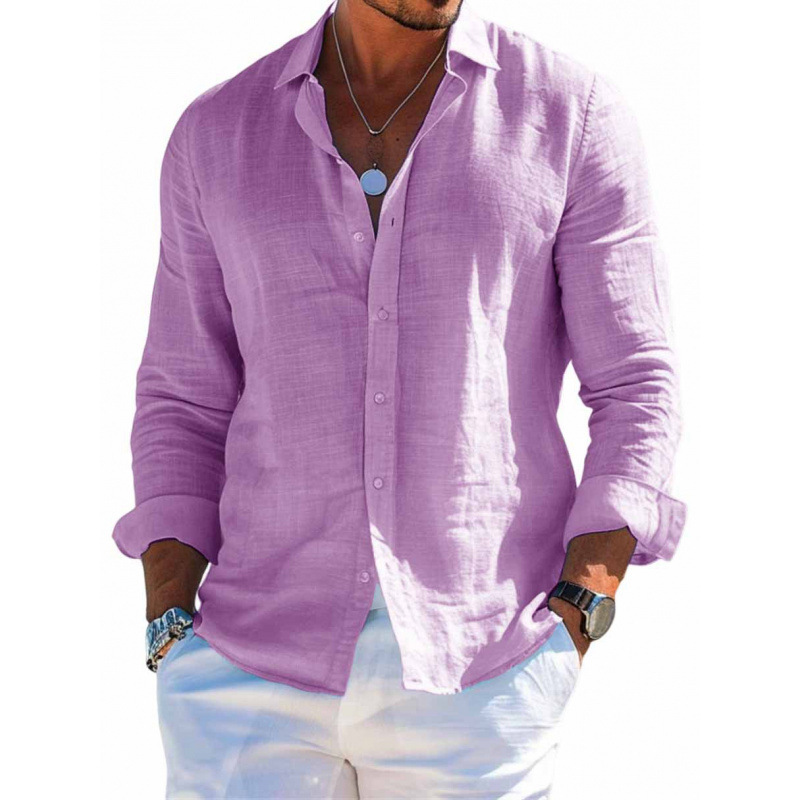 Men's Long Sleeve Shirt Casual Loose Lapel Button Top Solid Color Plus Size Blouse Clothing - Image 7