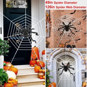 1Pc Halloween Decorations Spider Outdoor 49inch Halloween Spider With 126 Inch Tarantula Mega Spider Web Hairy Poseable Scary Spider Outdoor Yard Creepy Decor Spider Stretch Cobweb