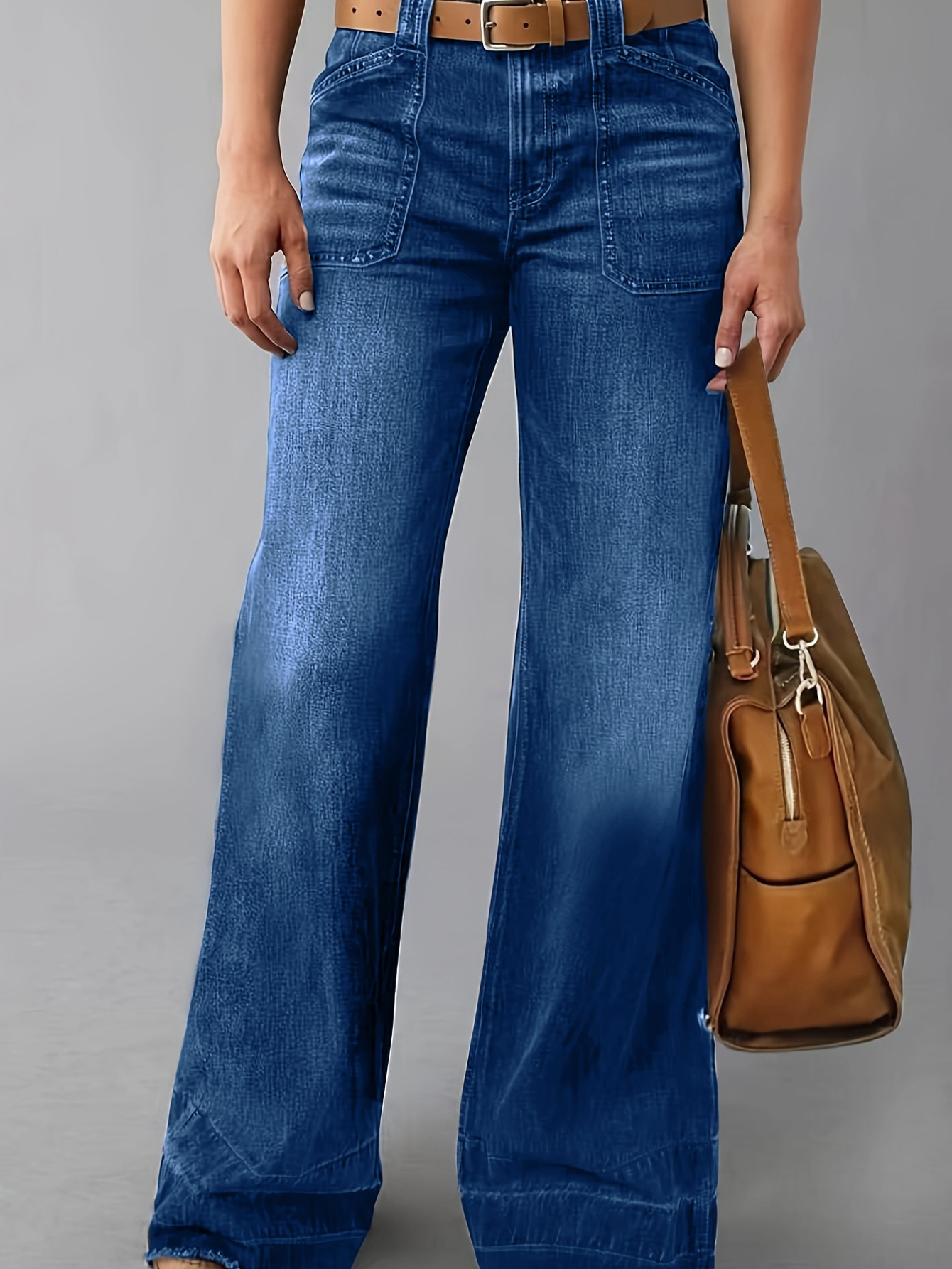 Women High Waist Wide Leg Denim Pants With Big Cargo Patch Pockets Vintage Washed Drape Trousers For Daily Commute Casual Wear