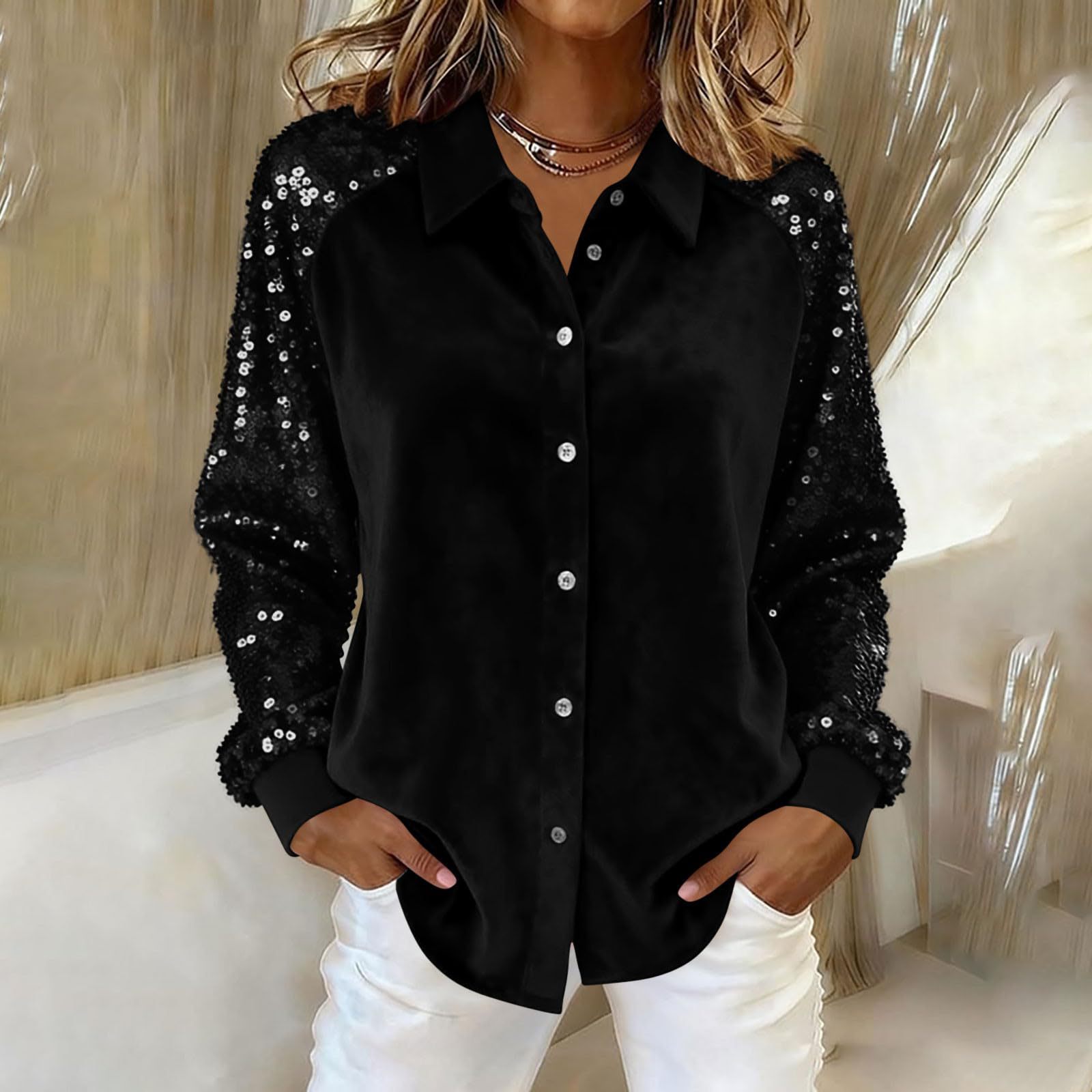 Women's Fashion Sequins Long Sleeve Blouses Casual Solid Long Sleeve Turn-down Collar Button Shirts Top Women Holiday Streetwear Clubwear Clothes - Image 5