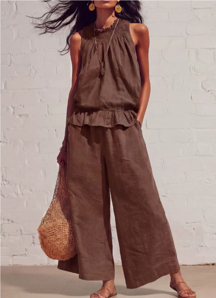 Summer Sleeveless Suit Fashion Ruffled Vest Top And Straight-leg Pants Women's Two-Piece Set - Image 3