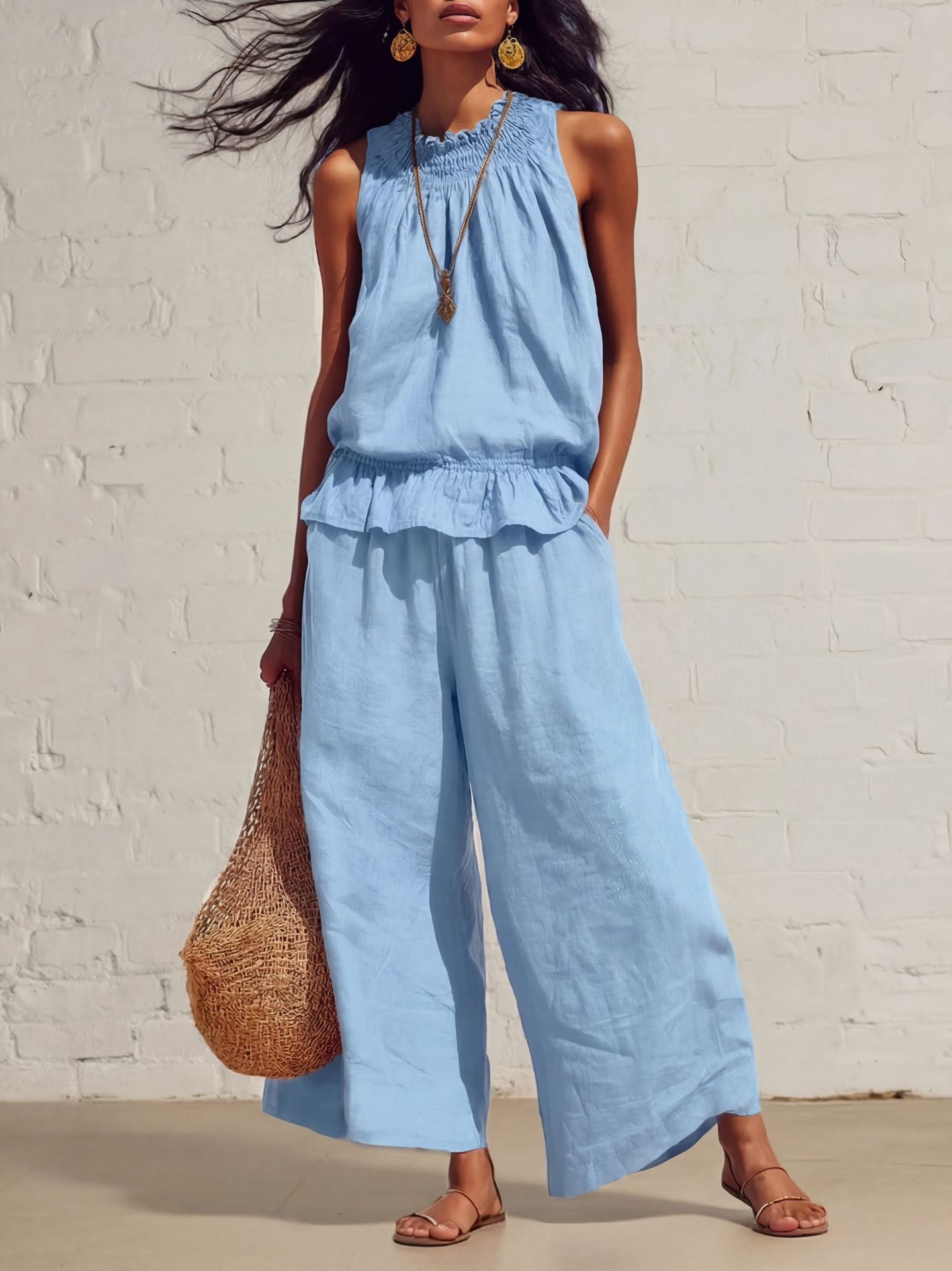 Summer Sleeveless Suit Fashion Ruffled Vest Top And Straight-leg Pants Women's Two-Piece Set - Image 7