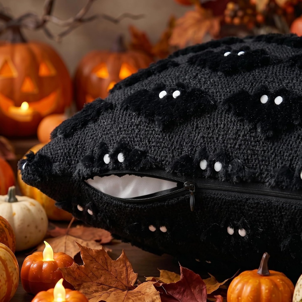 Halloween Bat Pillow Covers Set Of 2 Spooky Black Plush Cushion Covers For Home Decor - Image 2