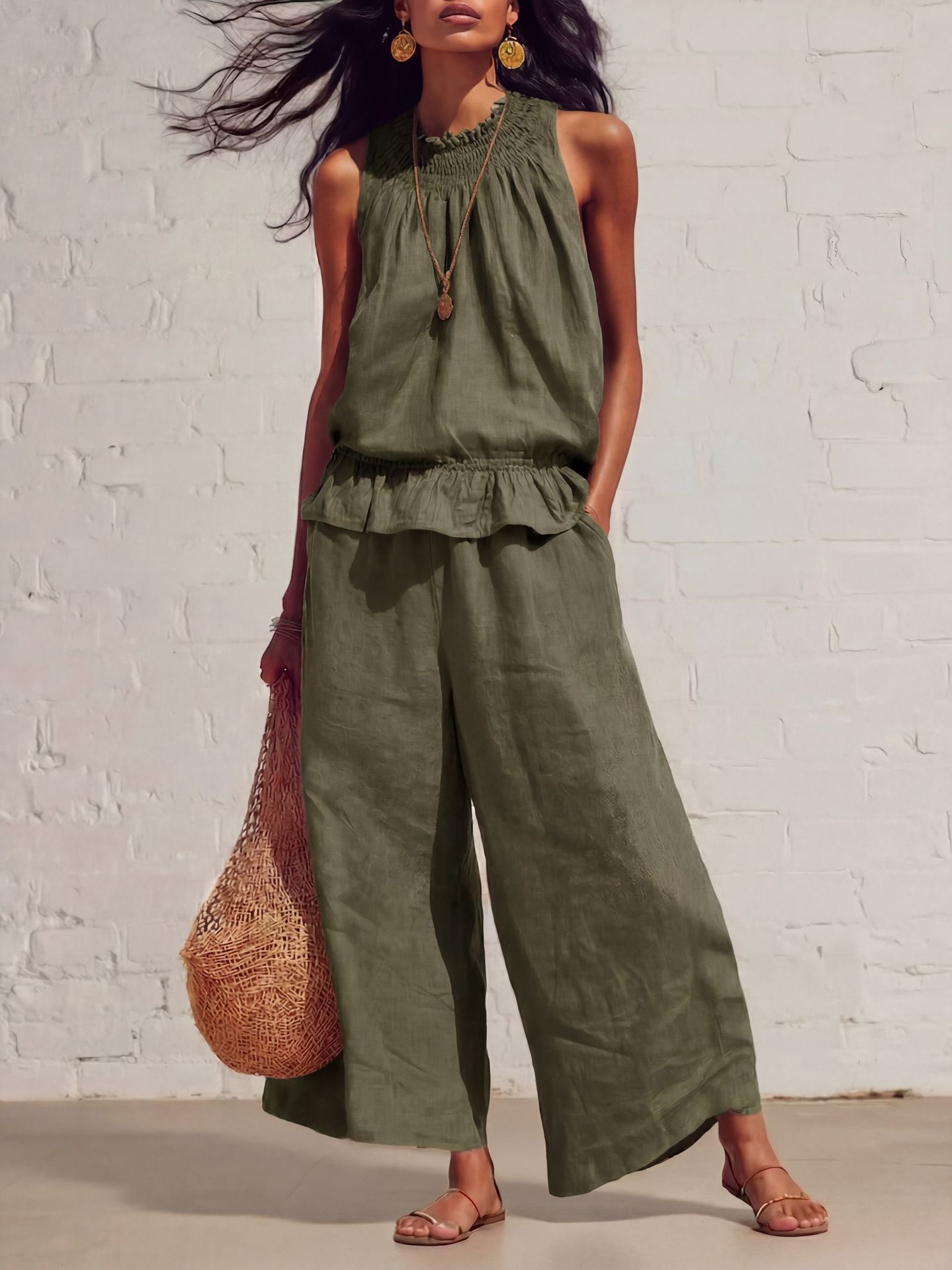 Summer Sleeveless Suit Fashion Ruffled Vest Top And Straight-leg Pants Women's Two-Piece Set - Image 9