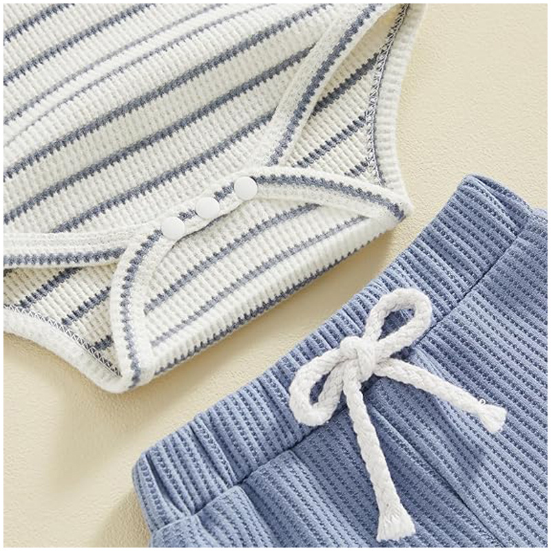 Baby Boy Summer Clothes Button Short Sleeve Romper Bodysuit Shorts Set Infant Soft Waffle Outfit - Image 5