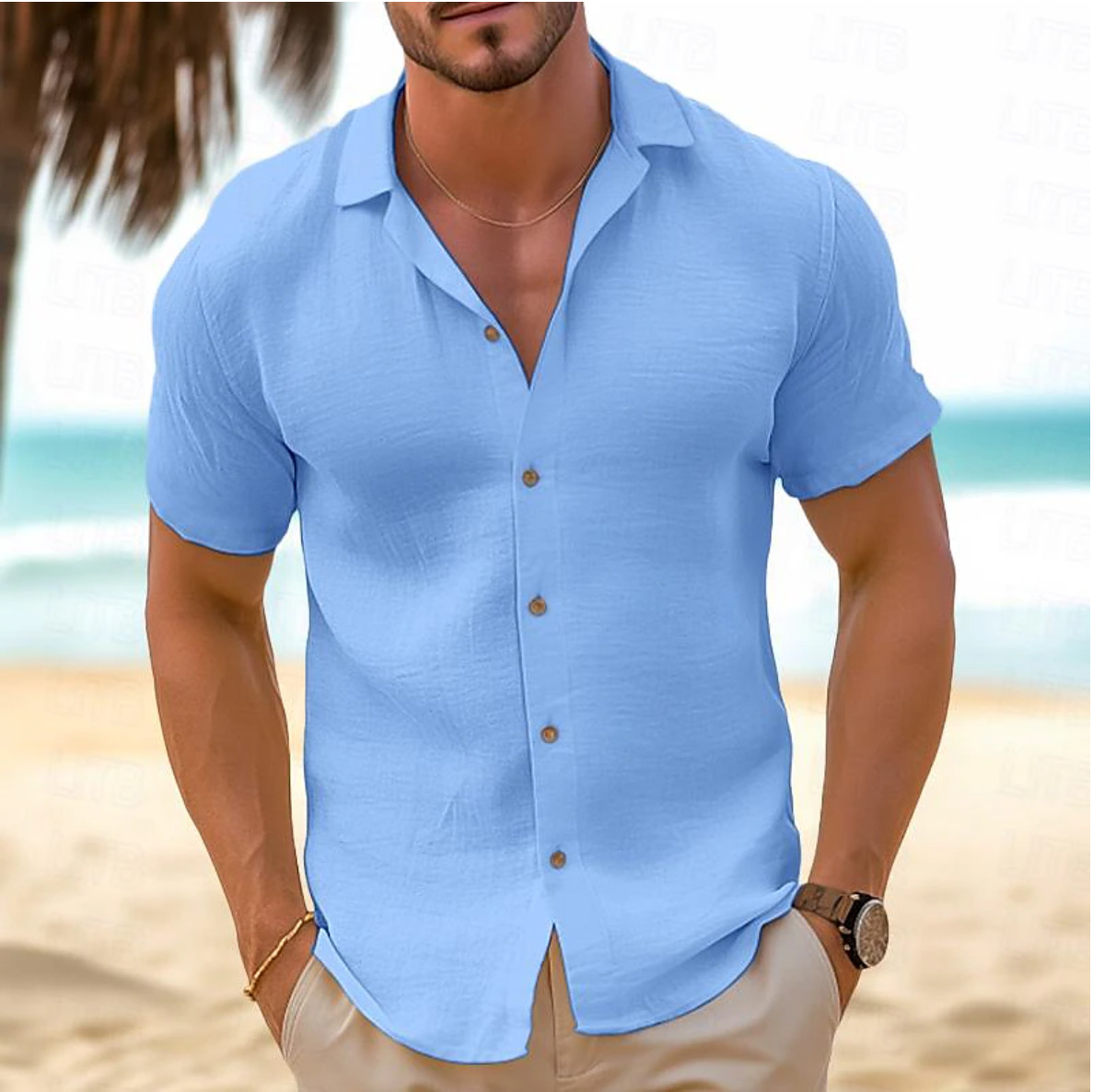 Men's Short-Sleeved Button-Down Shirt Summer Slim-Fit Lapel Shirts Casual Beachwear Clothing - Image 4
