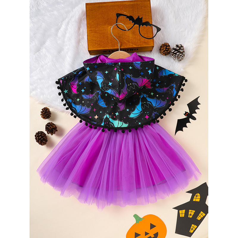 Little Girls 2Pcs Halloween Outfits Sleeveless Tulle Dress With Hooded Cloak Set Clothes - Image 4