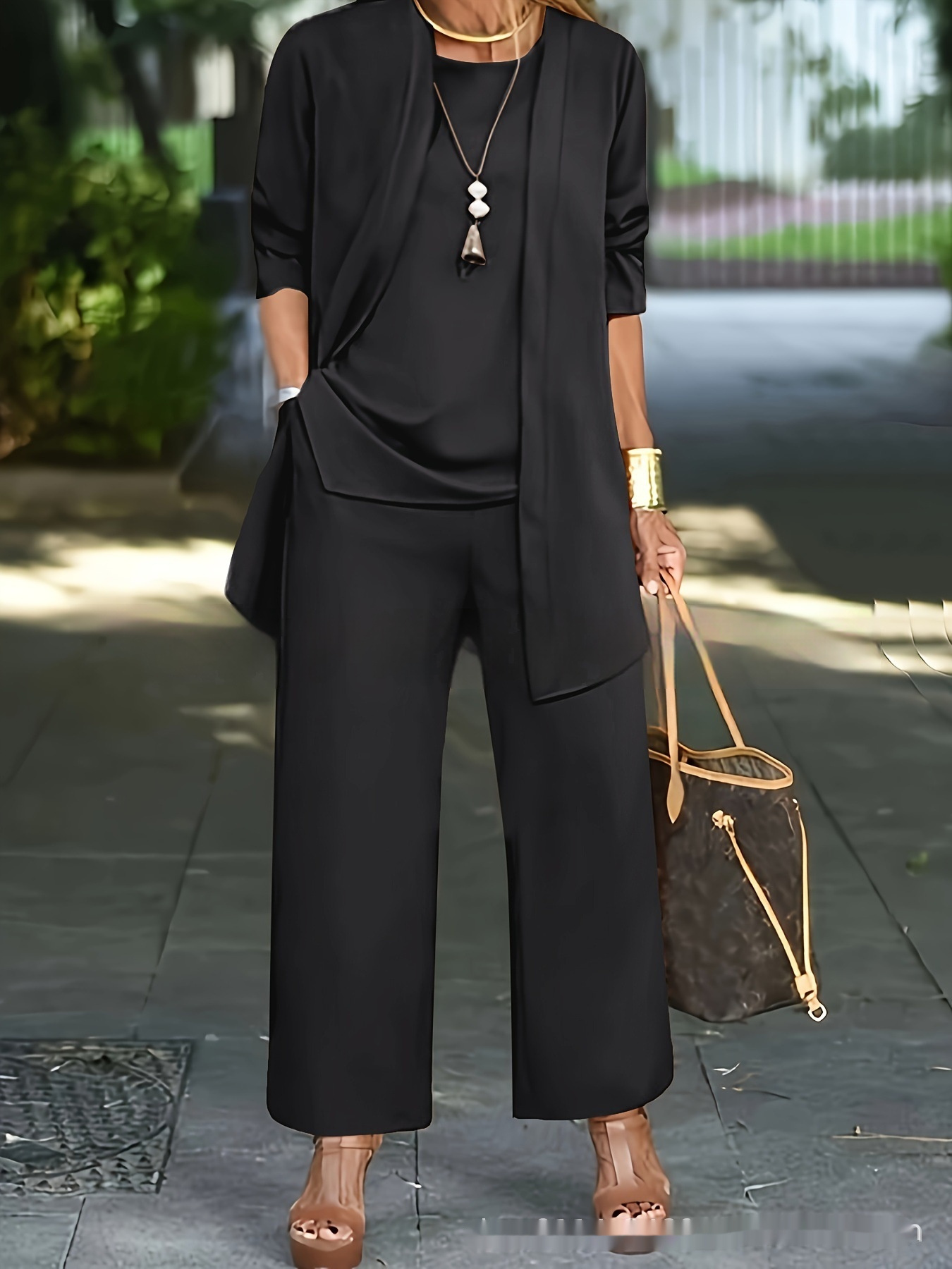 3-piece Cardigan Suit Pure Color Split Sleeveless Vest Top Long Sleeve Jacket And Wide Leg Pants Set - Image 2