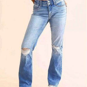 Women Double Button High Waist Gradient Ripped Flare Denim Jeans Stretch Frayed Pants For American Street Daily Casual Outfits