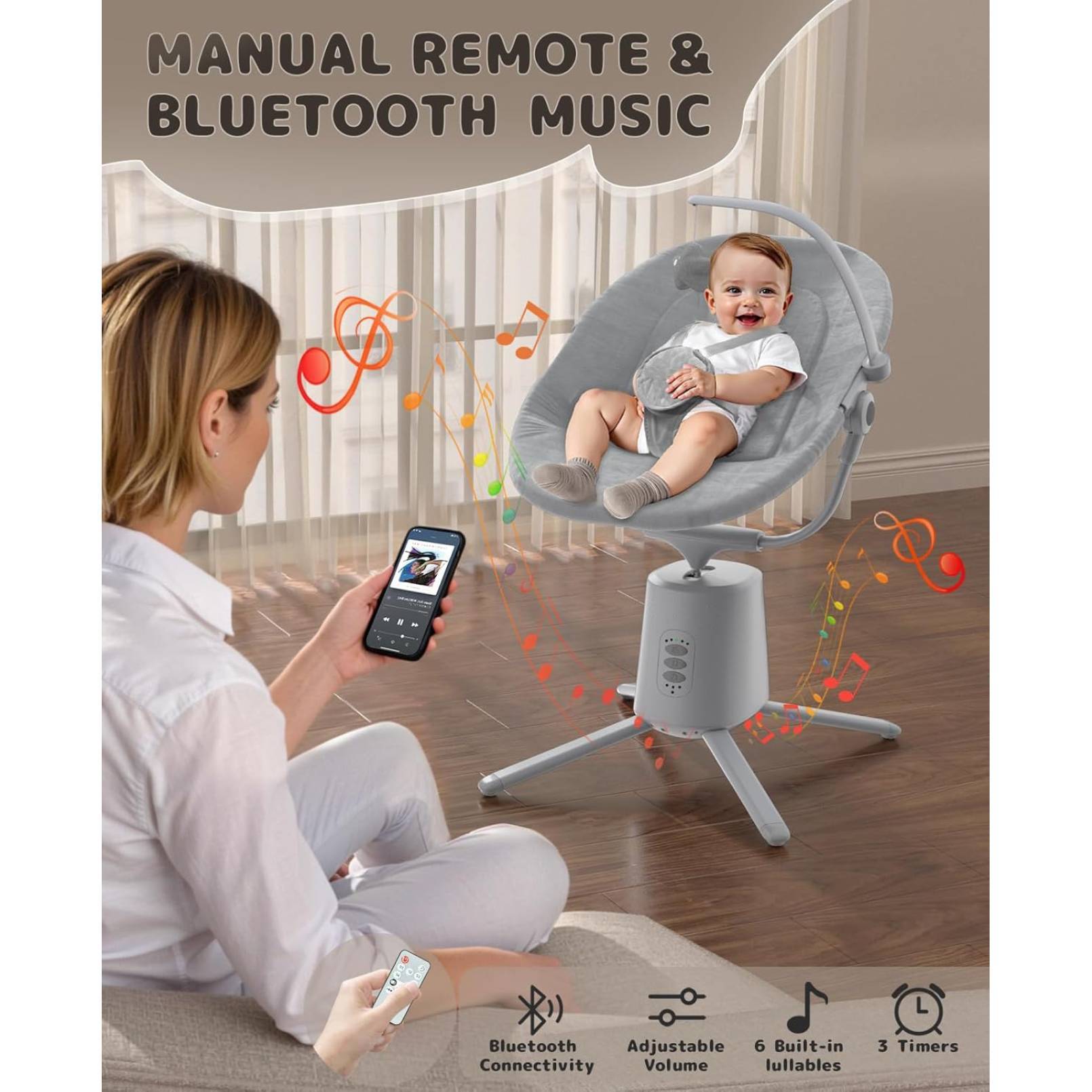 Baby Swing,Baby Swings For Infants With 3 Modes & 5 Speeds BT Enabled App & Remote Control, Electric Swing 6 Melodies And 3 Timer Setting - Image 4