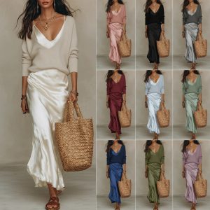 Women's Chic Satin Maxi Dress 2 Pieces Sets Sexy Straps Sleeveless Long Sleeve Top Evening Dresses Elegant New Party Street Gown