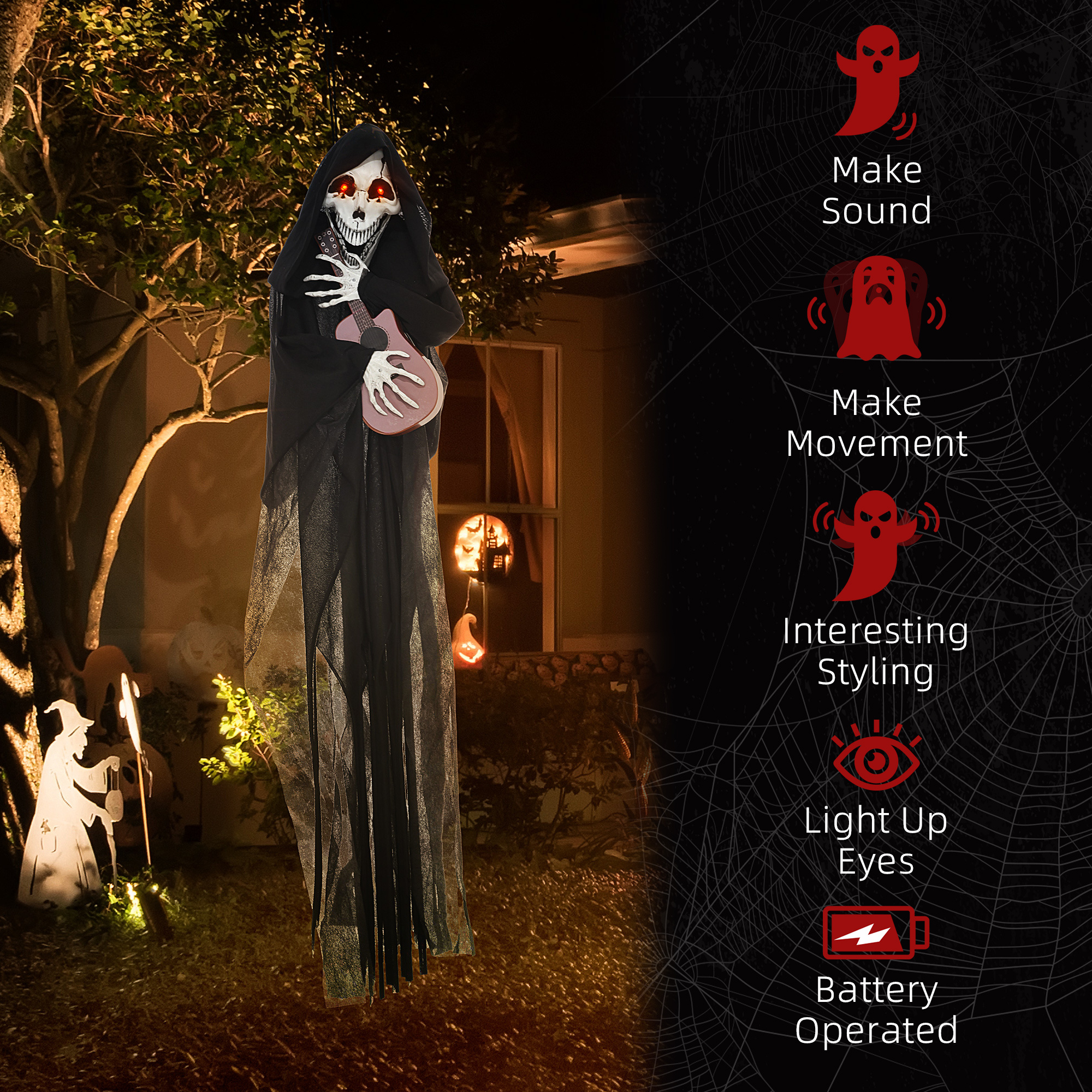 Guitar-Playing Grim Reaper Outdoor Halloween Decoration Animatronic - Image 2