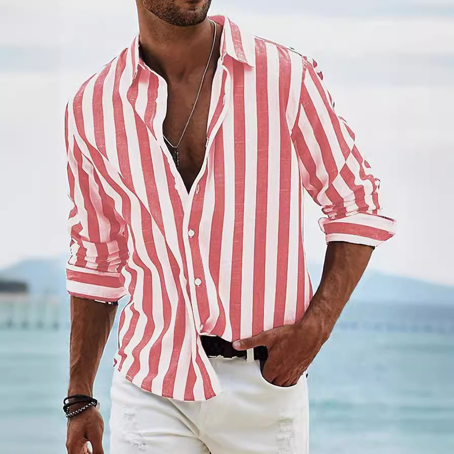 Striped Print Shirt Casual Loose Long-sleeved Shirt Men's Clothing - Image 5
