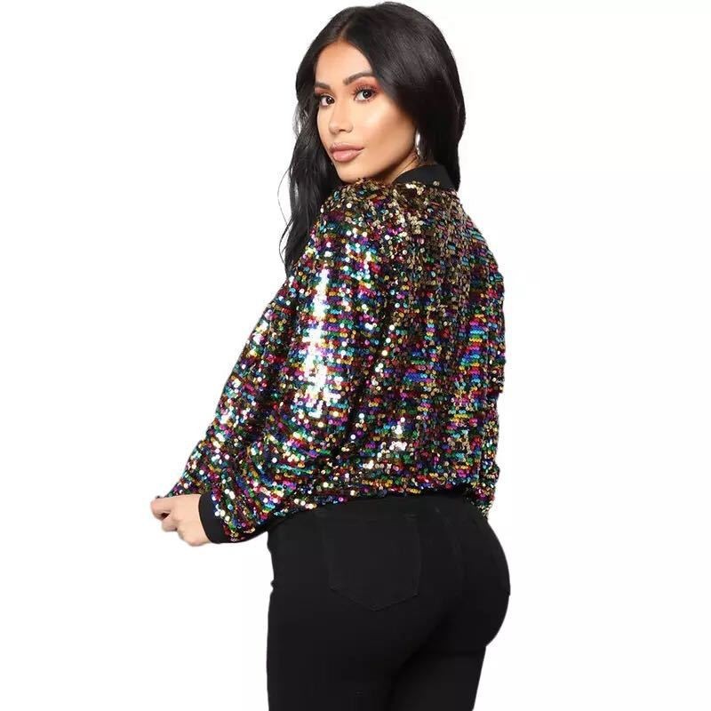 Women's Sequins Zipper Clothes Long Sleeve Cardigan Jacket - Image 3