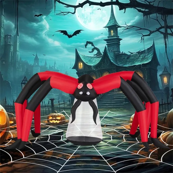 10ft Wide 5ft Tall Giant Halloween Inflatable Spider - LED Head Light + 2 Red Eye Tunnel Lights, Black + Red Color - Image 5