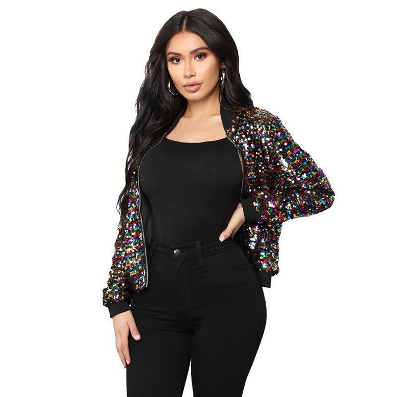 Women's Sequins Zipper Clothes Long Sleeve Cardigan Jacket - Image 2