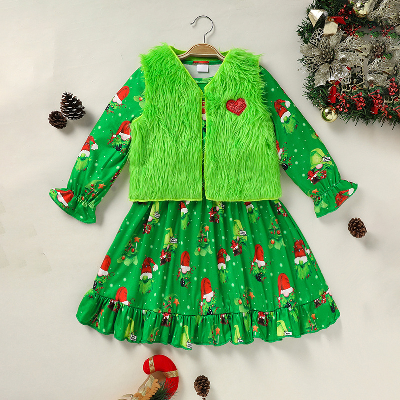Toddler Kids Baby Girl Christmas Dress Outifts, Long Sleeves Cartoon Prints Party Dress With Heart Print Vest Coat Xmas Clothes Set - Image 4
