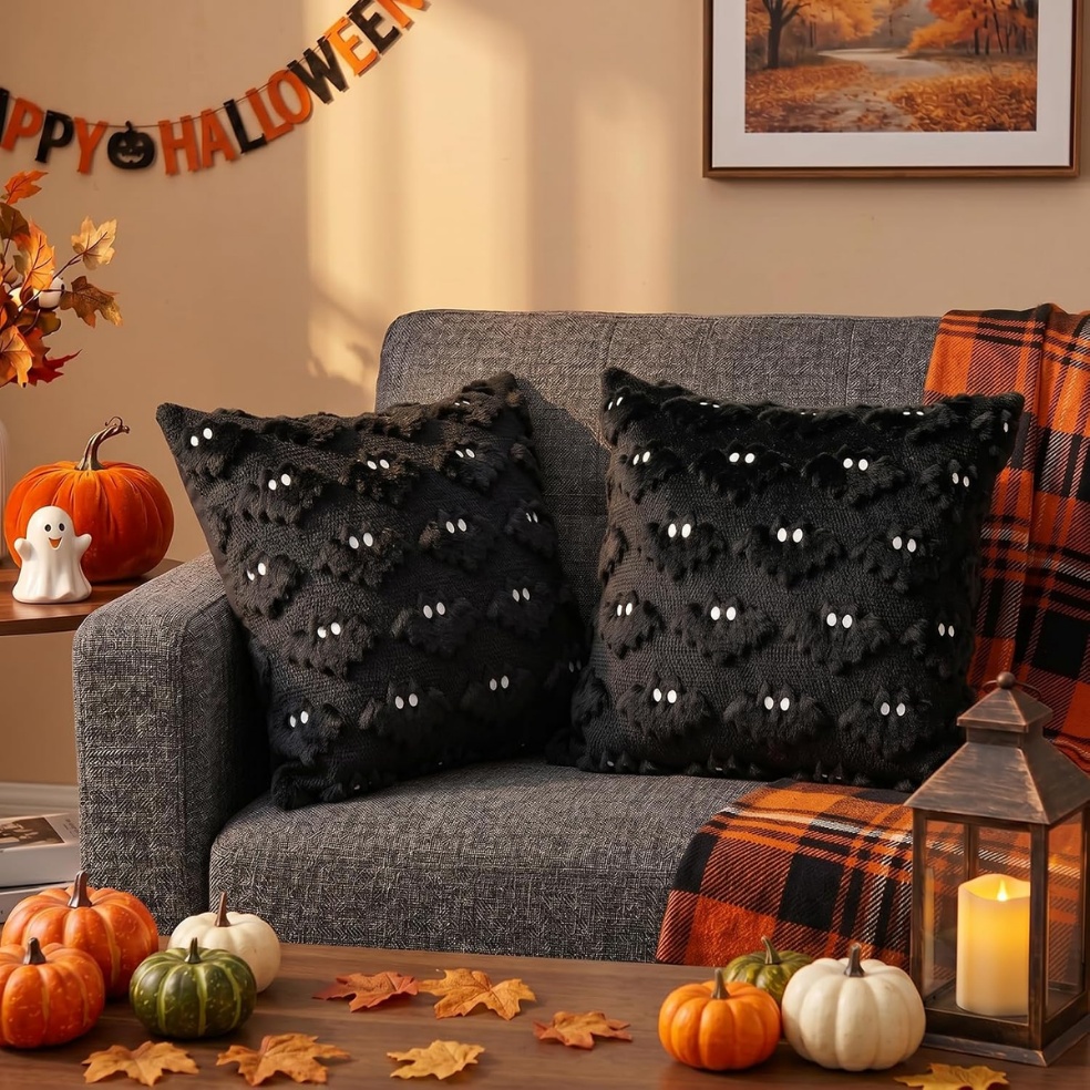 Halloween Bat Pillow Covers Set Of 2 Spooky Black Plush Cushion Covers For Home Decor - Image 4
