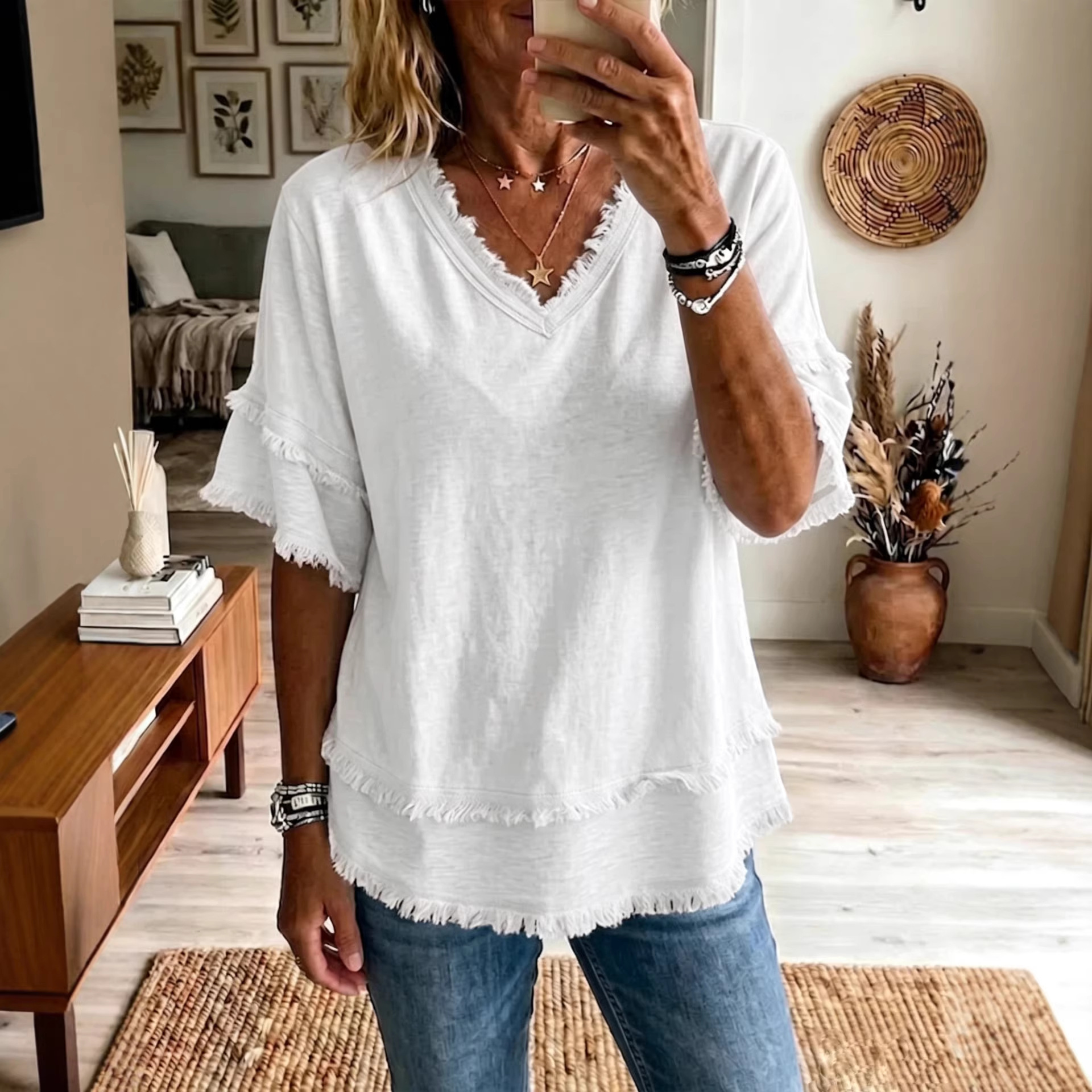 Casual Women's Shirt V-Neck Short Sleeve Loose Fit Pure Color Summer Fashion Trend Pullover Tops For Daily Wear - Image 3