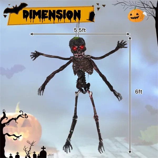 6ft Sound-Activated Halloween Skeleton - Flashing Red Eyes, Spooky Sounds, 4 Poseable Arms + Extra Skull, Hanging Rope - Image 3